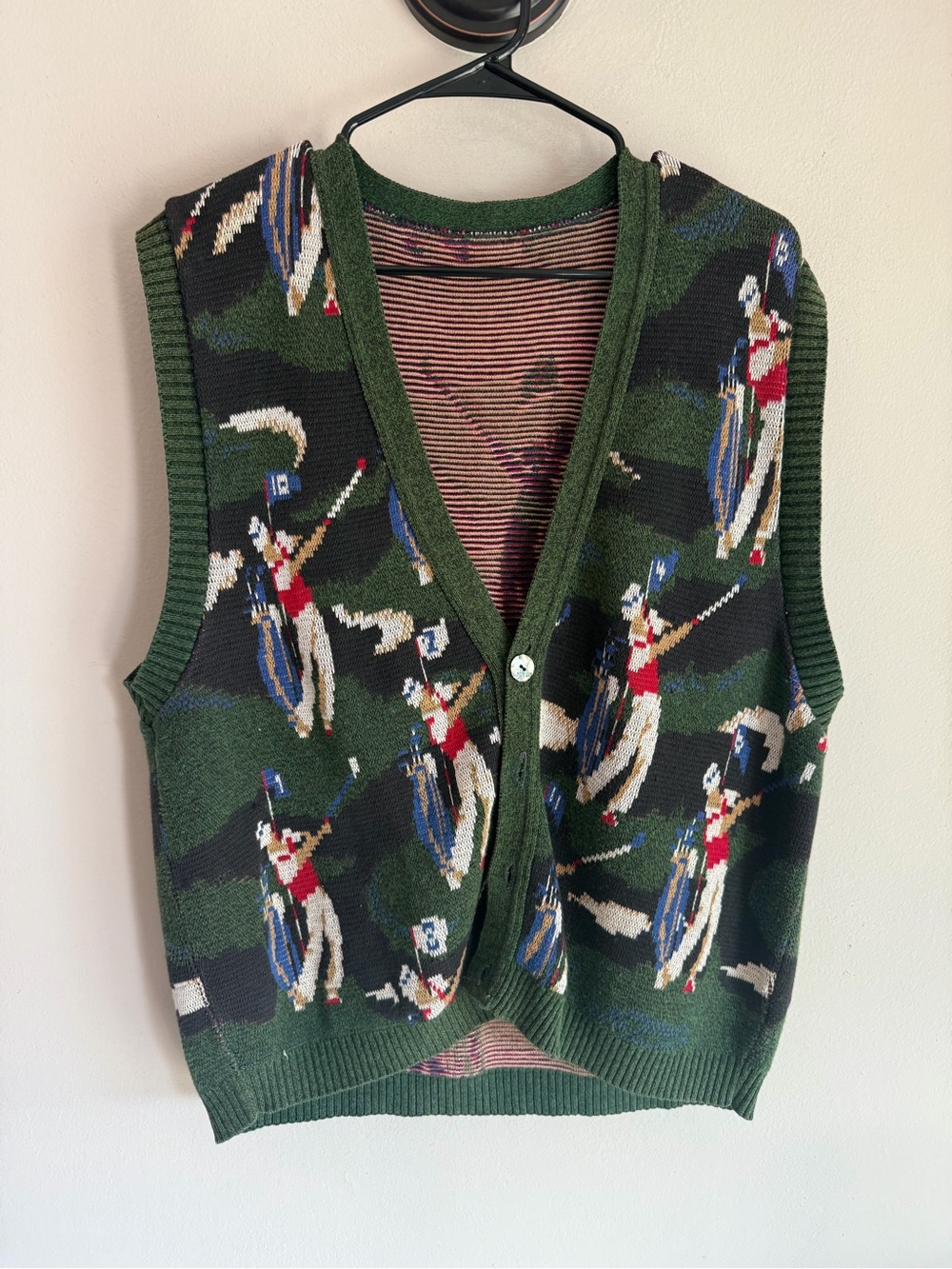 Vintage Golf Novelty Pattern Knit Sweater Vest V-Neck Green Size 50 (US L/XL)